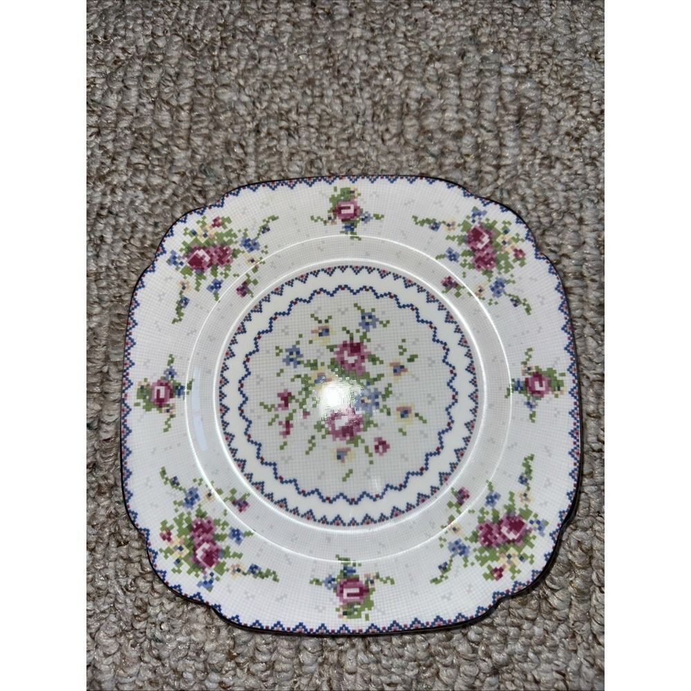 1940s England Royal Albert Bone China Petit‎ Point Square Salad Plate 8" EUC